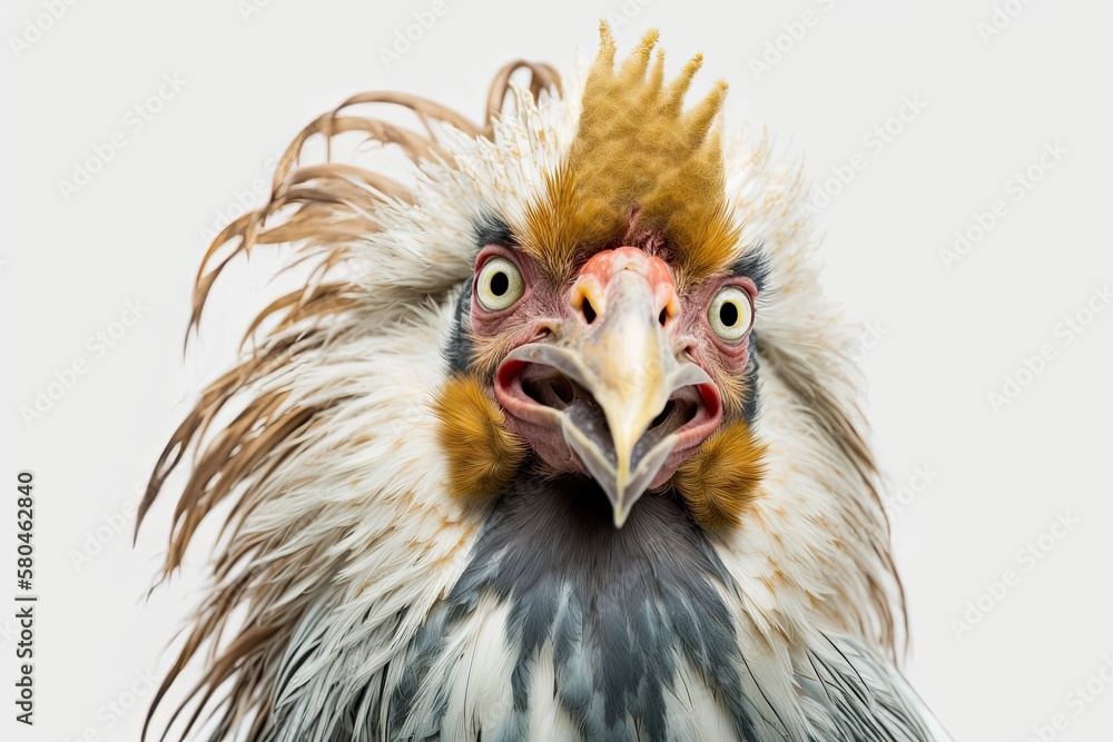 Close up picture of a funny chicken on a white background. Generative AI