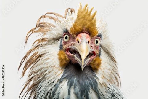 Close up picture of a funny chicken on a white background. Generative AI