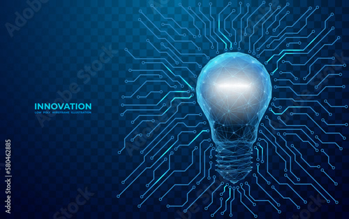 Abstract digital light bulb with circuit board outside. Cyber and digital computer innovation concept in blue polygons and lines, Low poly wireframe 3D vector illustration. Technology background.