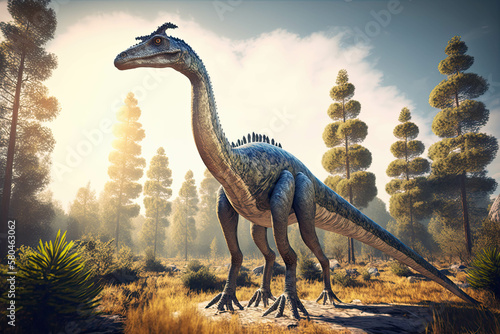 Dinosaurus Gallimimus in prehistoric forest © Zina Seletskaya