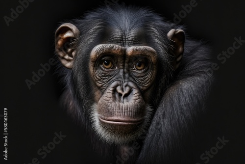 Close up portrait Chimpanzees look straight ahead and are alone on a black background. Generative AI