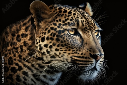 Close up picture of a leopard against a dark background. Generative AI