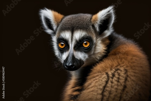 Close up of ring tailed lemur animal from Madagascar, isolated on black background. Generative AI © AkuAku