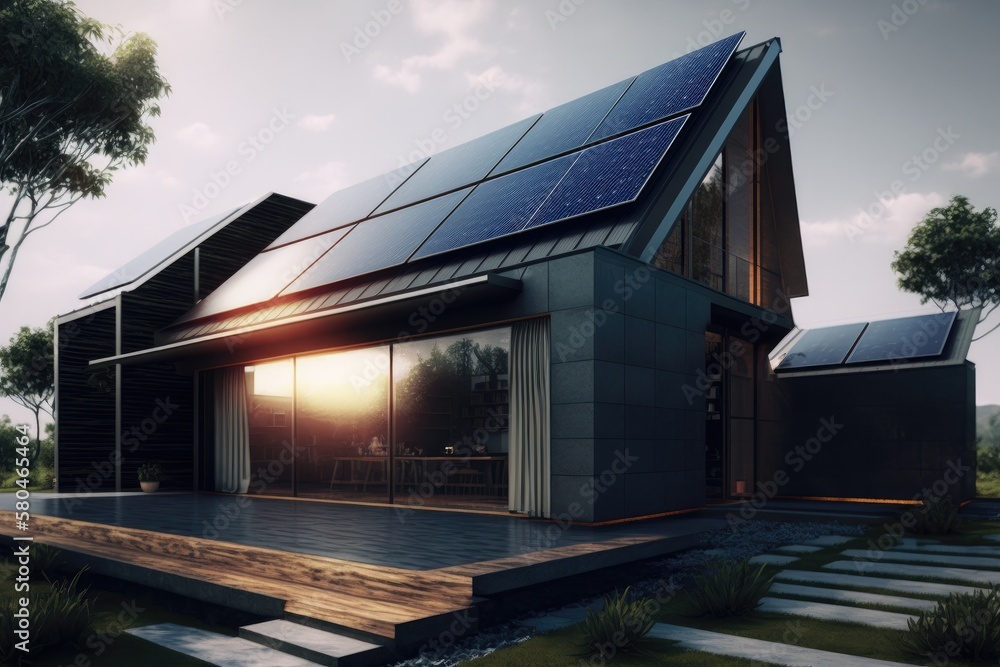 Obraz premium Energy Efficient House With Solar Panels And Wall Battery For Energy Storage Generative AI