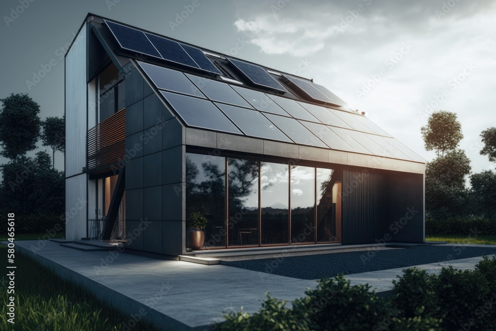 Fototapeta premium Energy Efficient House With Solar Panels And Wall Battery For Energy Storage Generative AI