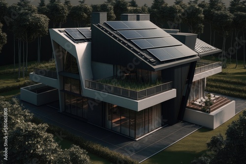Energy Efficient House With Solar Panels And Wall Battery For Energy Storage Generative AI