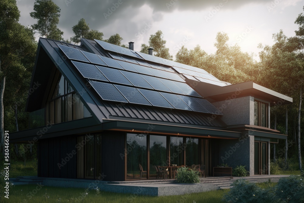 Energy Efficient House With Solar Panels And Wall Battery For Energy Storage Generative AI
Energy Efficient House With Solar Panels And Wall Battery For Energy Storage Generative AI