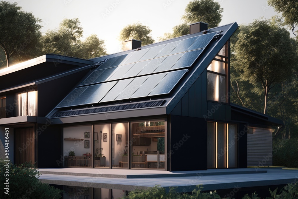 Energy Efficient House With Solar Panels And Wall Battery For Energy Storage Generative AI Energy Efficient House With Solar Panels And Wall Battery For Energy Storage Generative AI