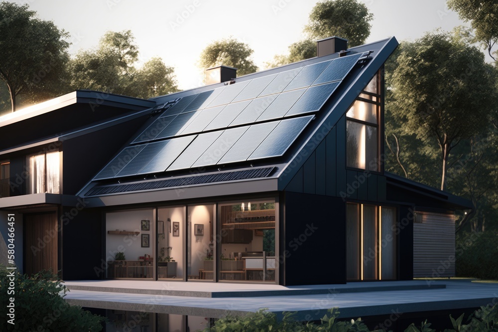 Energy Efficient House With Solar Panels And Wall Battery For Energy Storage Generative AI