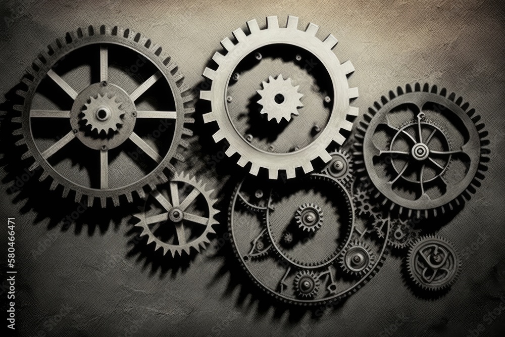 Steampunk gears transition to black and white illustration on paper, AI Steampunk gears transition to black and white illustration on paper, AI