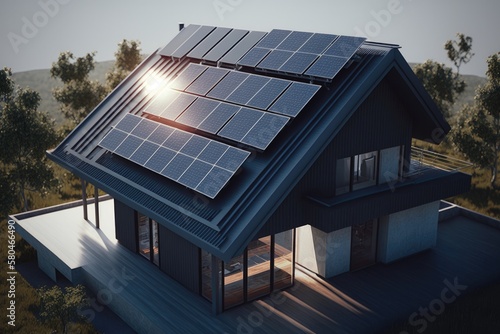 Energy Efficient House With Solar Panels And Wall Battery For Energy Storage Generative AI photo
