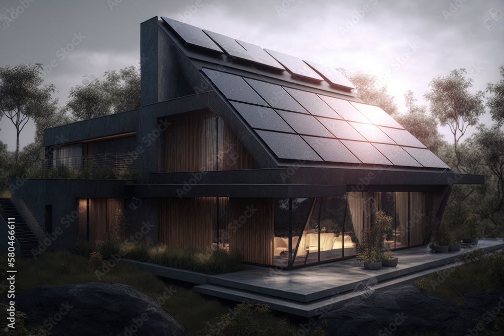 Energy Efficient House With Solar Panels And Wall Battery For Energy Storage Generative AI Energy Efficient House With Solar Panels And Wall Battery For Energy Storage Generative AI