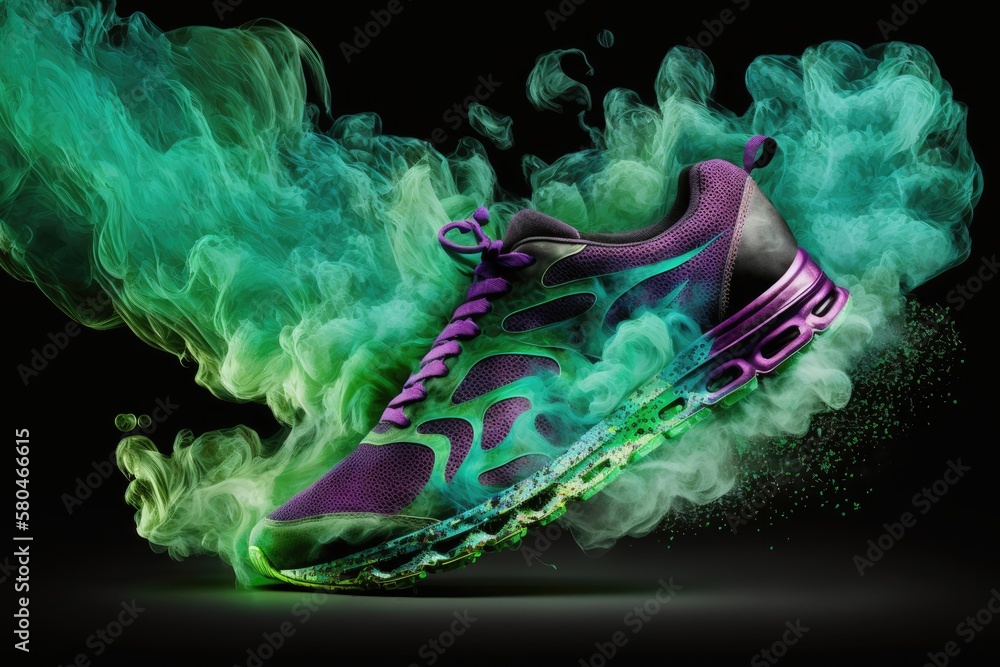 Green and purple smoke, with abstract running shoe in smoke with shiny glitter particles abstract, poster art, AI