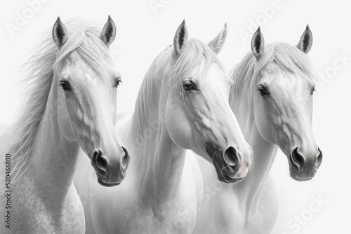 Beautiful white horses all by themselves on a white background. High key image. Generative AI