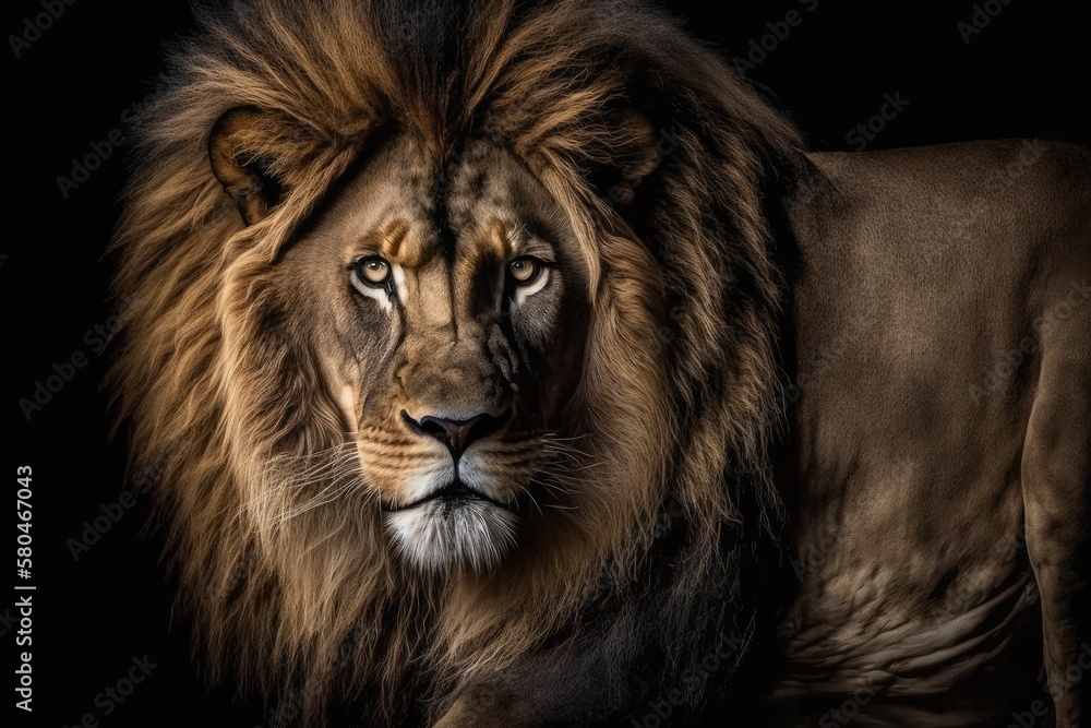 Beautiful lion portrait, lion in the dark. Generative AI