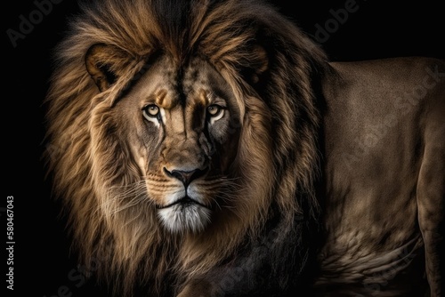 Beautiful lion portrait, lion in the dark. Generative AI