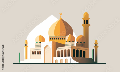 a stylized of a muslim mosque,a flat design of a masjid for Islamic organizations or communities,Beautiful Islam temple icon,crescent and cloud,Vector Illustration,Eid Mubarak greetings,Ramadan Kareem