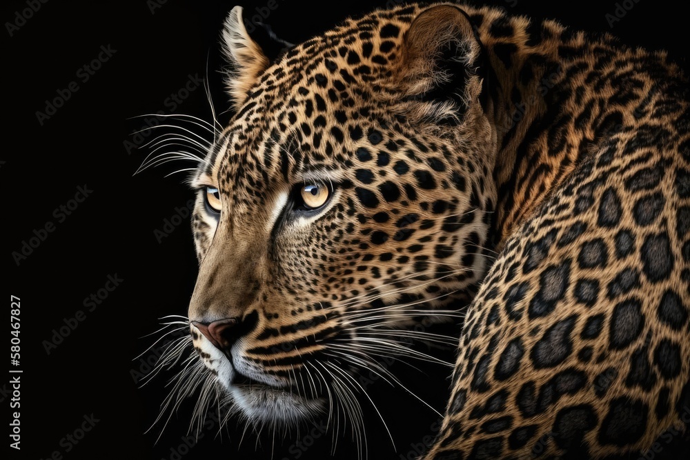 Close up of a big, beautiful leopard on a black background. Generative AI