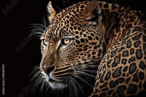 Close up of a big, beautiful leopard on a black background. Generative AI © AkuAku