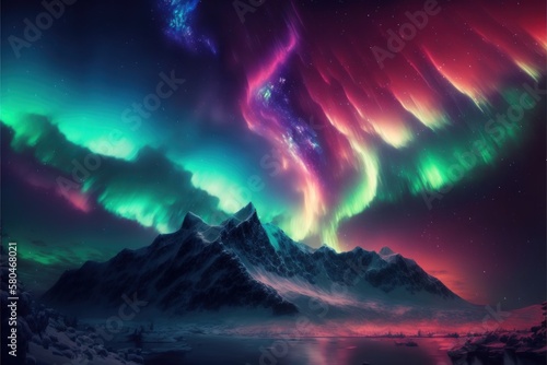 The colorful dancing curtains of the Aurora borealis landscape, GENERATIVE AI