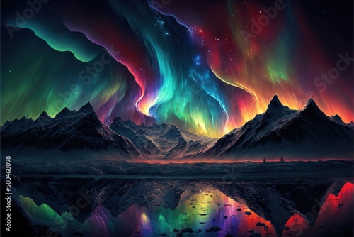 The colorful dancing curtains of the Aurora borealis landscape, GENERATIVE AI
