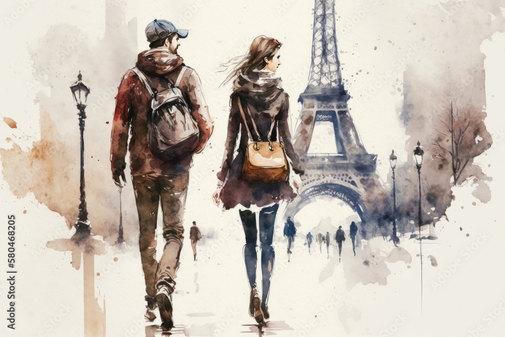 Fototapeta premium Man and Woman Walking Near the Eiffel Tower in Paris France, Watercolor Style Generative AI