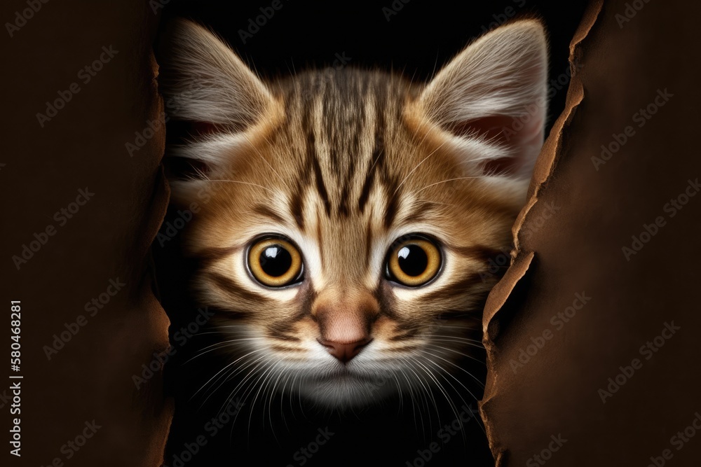 Brown cat peeking at you in a cute way. Curious cat set. Tabby kitten. Generative AI
