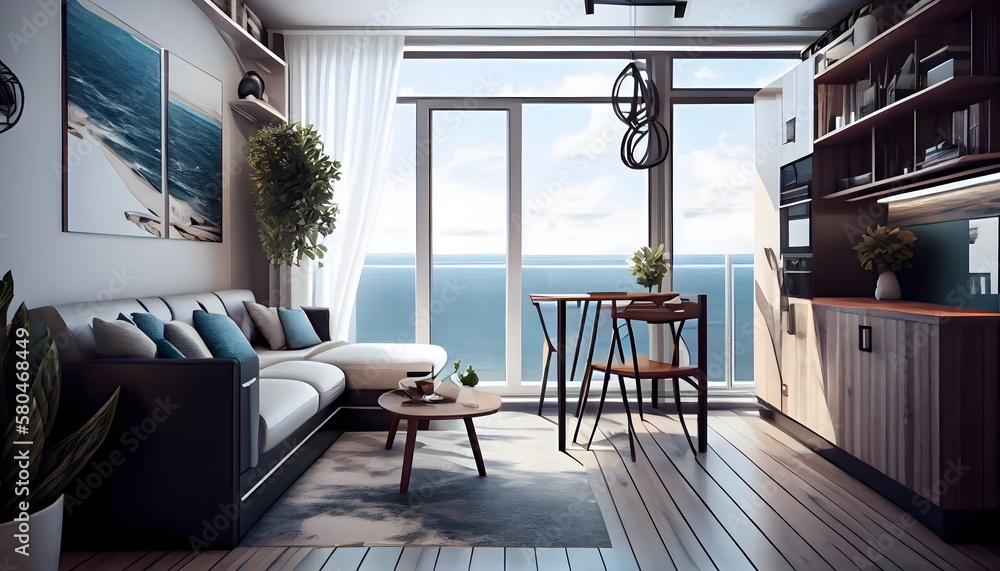 Image showcasing Sea view apartment, large windows, modern exterior, elegant design ...