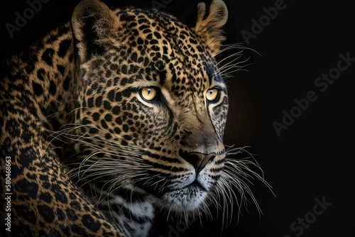 Close up of a big, beautiful leopard on a black background. Generative AI