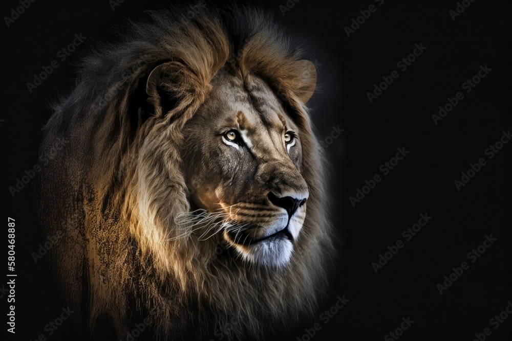 A picture of a young lion against a black background at night. Generative AI
