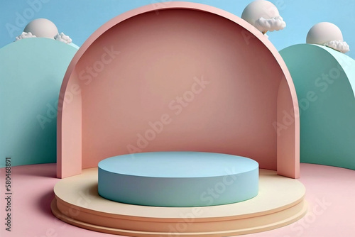 Empty podium mock-up for product display with blue and pink pastel color. Generative AI illustration © ardanz