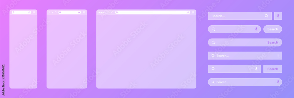 Blank transparent internet browser window with various search bar templates. Web site engine with search box, address bar and text field. UI design, website interface elements. Vector illustration Blank transparent internet browser window with various search bar templates. Web site engine with search box, address bar and text field. UI design, website interface elements. Vector illustration