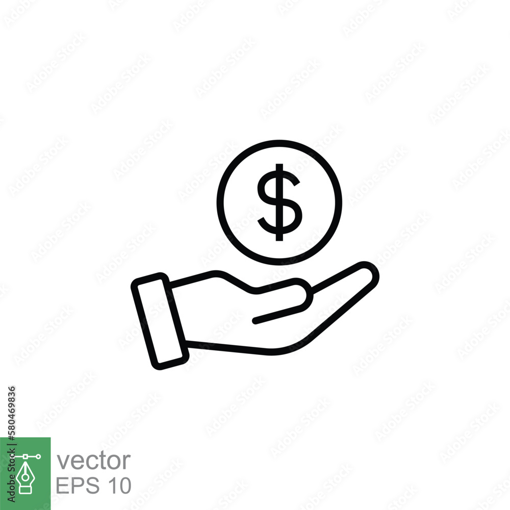 Salary, sell, money, business, buy, hand line icon. Simple outline style. Save, cash, coin, currency, dollar, finance concept. Vector illustration isolated on white background. EPS 10. Salary, sell, money, business, buy, hand line icon. Simple outline style. Save, cash, coin, currency, dollar, finance concept. Vector illustration isolated on white background. EPS 10.