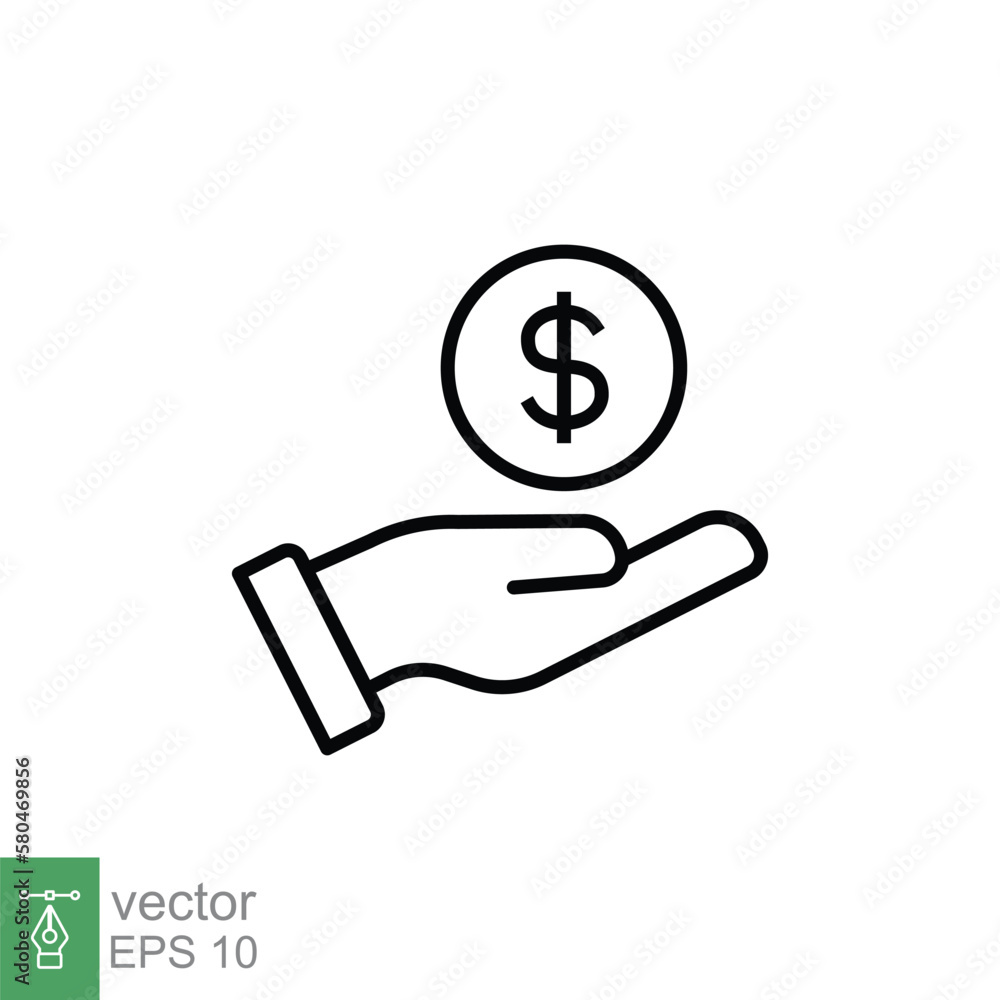 Salary, sell, money, business, buy, hand line icon. Simple outline style. Save, cash, coin, currency, dollar, finance concept. Vector illustration isolated on white background. EPS 10. Salary, sell, money, business, buy, hand line icon. Simple outline style. Save, cash, coin, currency, dollar, finance concept. Vector illustration isolated on white background. EPS 10.