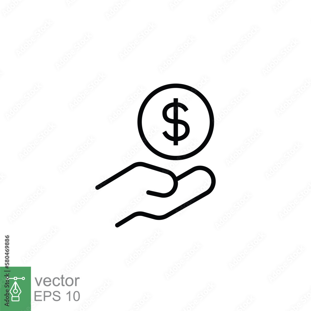 Salary, sell, money, business, buy, hand line icon. Simple outline style. Save, cash, coin, currency, dollar, finance concept. Vector illustration isolated on white background. EPS 10. Salary, sell, money, business, buy, hand line icon. Simple outline style. Save, cash, coin, currency, dollar, finance concept. Vector illustration isolated on white background. EPS 10.