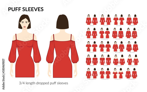 Set of Puff sleeves clothes dropped, baloon, virago, Marie, paned, drawstring technical fashion illustration with fitted body. Flat apparel template front, back sides. Women, men unisex CAD mockup