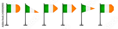 Realistic various Irish table flags on a black steel pole. Souvenir from Ireland. Desk flag made of paper or fabric, shiny metal stand. Mockup for promotion and advertising. Vector illustration