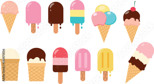 Ice cream set isolated on a white background. Summer colorful background. Tasty cute appetizing food collection. Simple realistic modern design. Flat style vector illustration