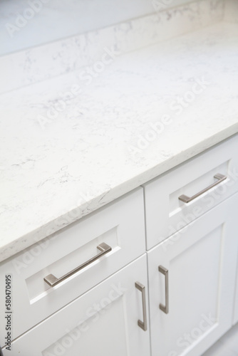 Close up view of white kitchen cabinet