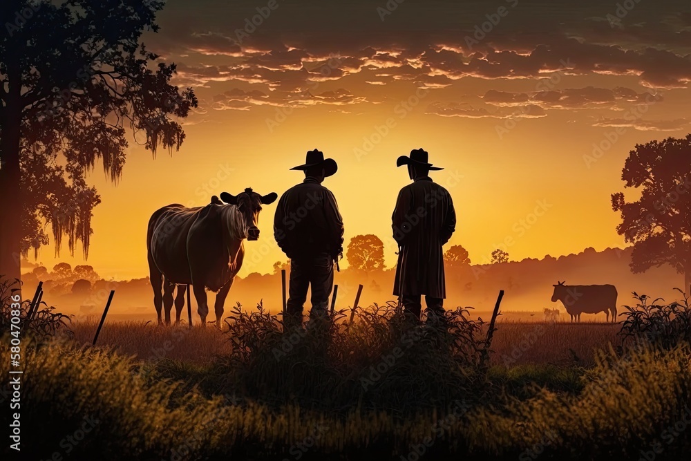 At sunset, two farmers watch their cow graze in a meadow. Generative AI