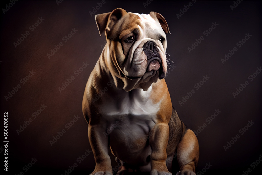 english bulldog standing and looking at the camera on a dark background.generative ai