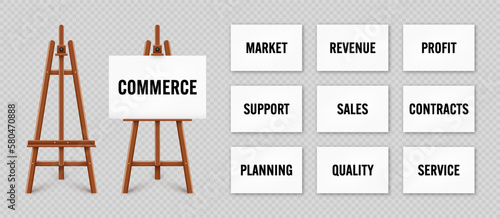 Realistic paint desk with text on white canvas. Wooden easel and a sheet of drawing paper. Presentation board on a tripod. Business investment, economics and finance. Vector illustration