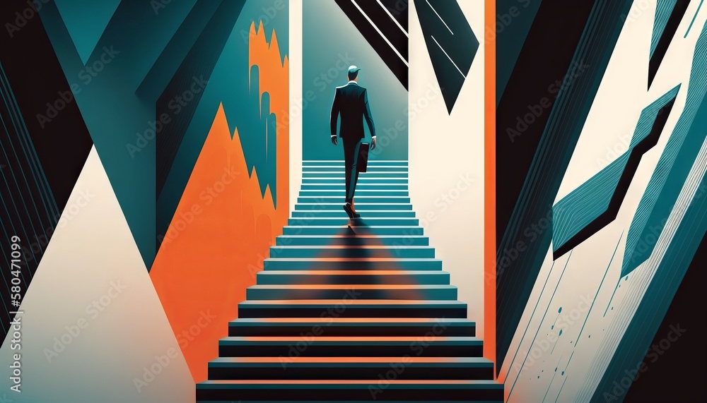 Business concept illustration of a man walking on a stairway leading up to up arrow. Generative ai Business concept illustration of a man walking on a stairway leading up to up arrow. Generative ai