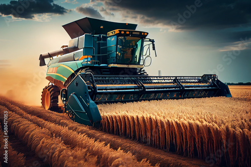 Combine harvester working on wheat field. Harvesting concept.generative ai photo