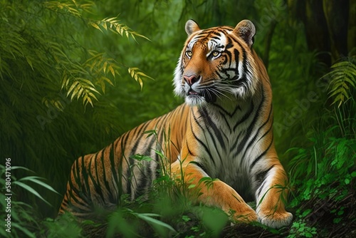 Beautiful Bengal tiger in its natural habitat, which is very green. Generative AI © AkuAku