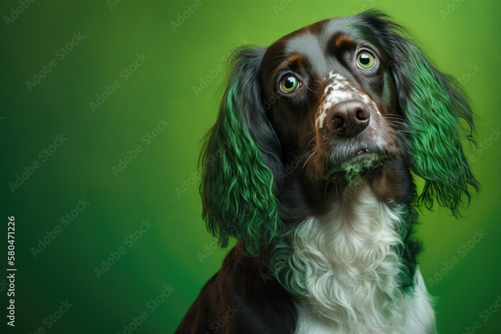 A picture of a dog with a green background. A funny dog in the studio. Generative AI