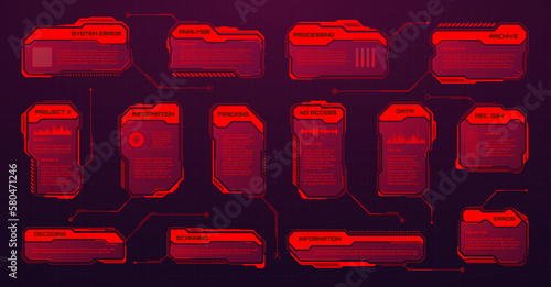 Red futuristic HUD or UI elements. Sci-fi user interface text boxes, callouts. Warning message frames, information boxes template. Modern game interface layout in digital style. Vector illustration