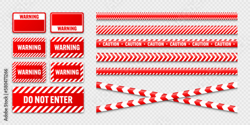 Various barricade construction tapes and warning shields. Red police warning line, brightly colored danger or hazard stripe, ribbon. Restricted area, zone. Attention symbol. Vector illustration