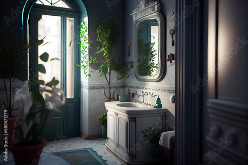 Interior of a bathroom with green plants. generative ai
