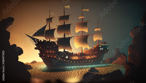 A Cartoon Pirate Ship Adventure Searching for Hidden Treasure